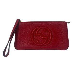 $470 GUCCI Red Pebbled Leather Soho Wristlet Pouch Zip Small Wallet